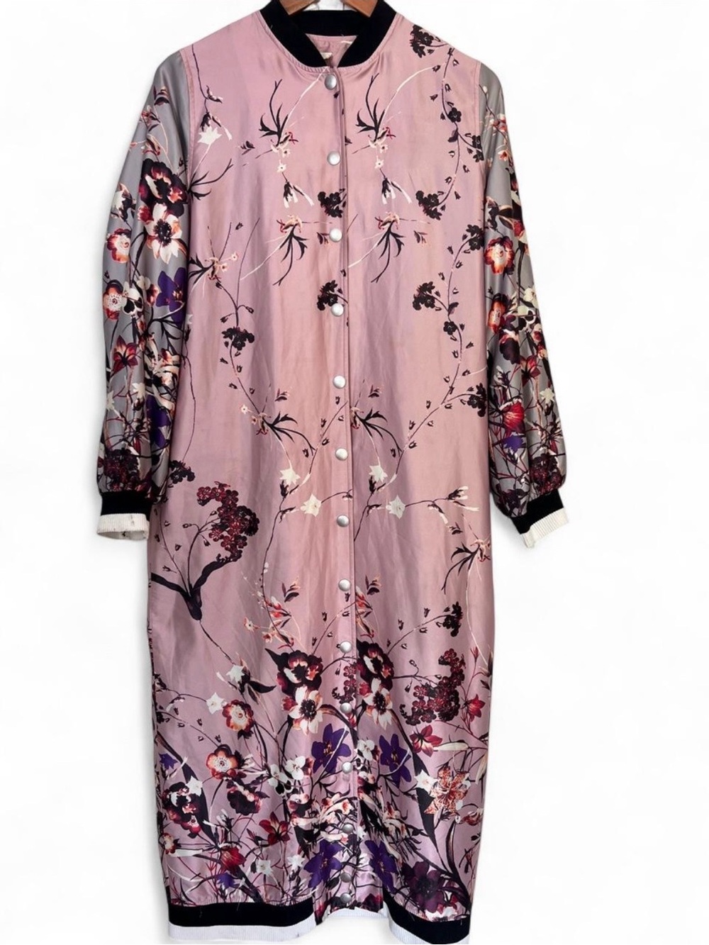 Floral Bomber Jacket Long Duster Coat Pink Satin Asian Inspired Luxury Size M